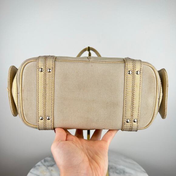 Cole Haan Buckle Canvas Tan and Gold Lizard Skin Embossed Leather Shoulder Bag - Picture 3 of 16